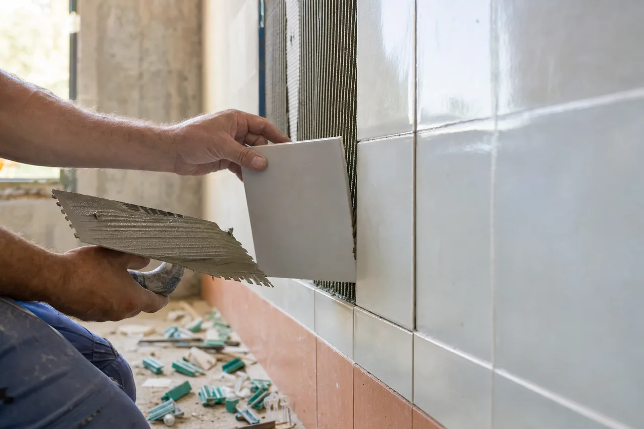 Manos colocando un azulejo junto a una llana con adhesivo extendido en la pared, con crucetas niveladoras en el suelo