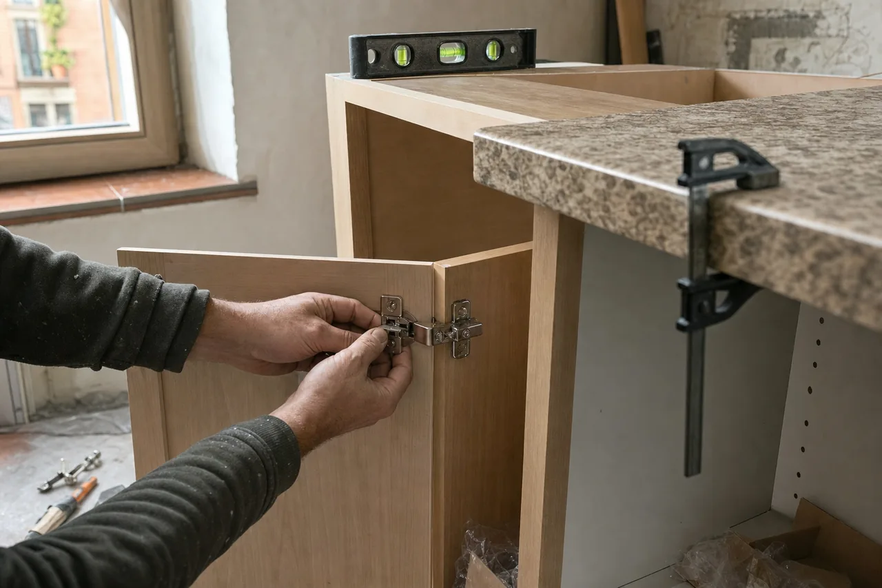 Manos ajustando una bisagra metálica en la puerta de un mueble de cocina, con un nivel de burbuja sobre el mueble