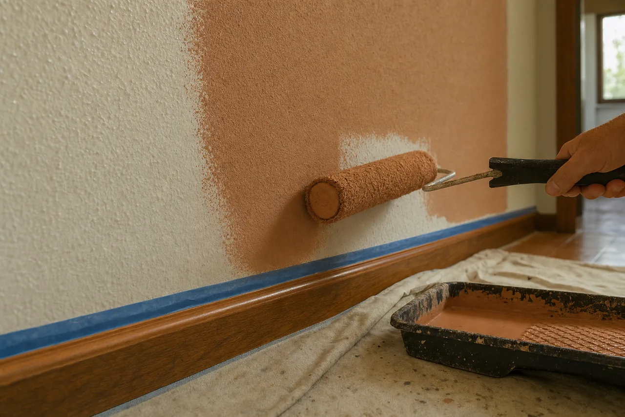 Un rodillo aplicando pintura terracota sobre una pared con gotelé, con cinta de carrocero protegiendo el rodapié