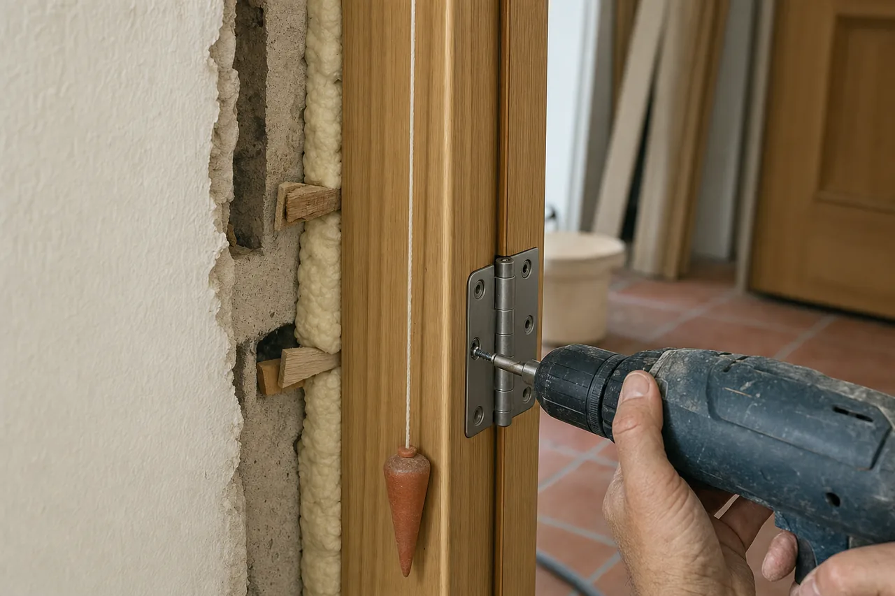 Una plomada colgando junto al marco de una puerta en instalación, con espuma de poliuretano y cuñas de madera