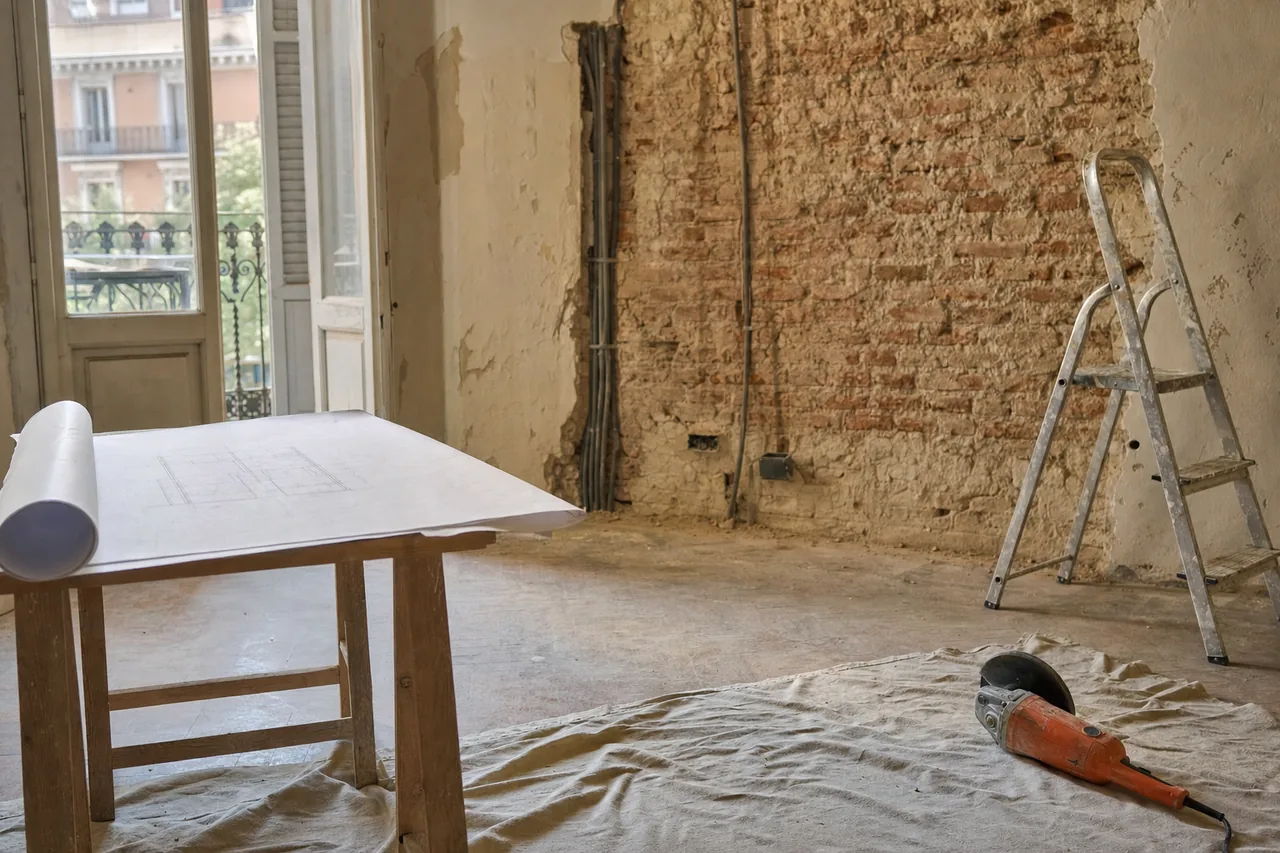 Manos sujetando un plano de obra enrollado junto a una pared con ladrillo visto y enlucido agrietado, con una radial y una escalera de tijera cerca